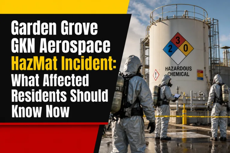 Several people in hazmat suits stand near a large chemical storage tank labeled "Hazardous Chemical" with a hazard sign. Text warns about a Garden Grove GKN Aerospace HazMat incident and provides info for affected residents.