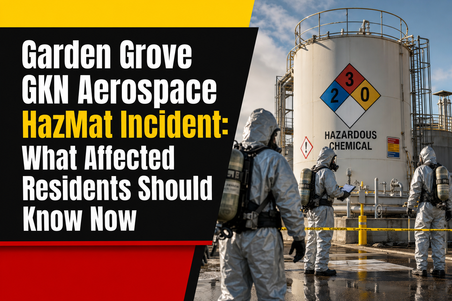 Several people in hazmat suits stand near a large chemical storage tank labeled "Hazardous Chemical" with a hazard sign. Text warns about a Garden Grove GKN Aerospace HazMat incident and provides info for affected residents.