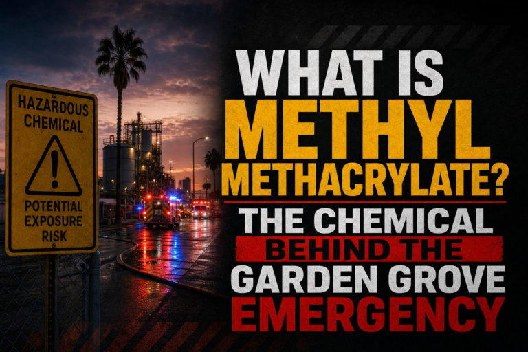 A warning sign for hazardous chemical exposure stands near an industrial site with emergency vehicles and flashing lights. Bold text reads: "What is methyl methacrylate? The chemical behind the Garden Grove emergency.