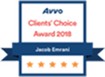 A badge displaying "Avvo Clients' Choice Award 2018" with the name "Jacob Emrani" and five orange stars below.