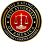 A round gold, black, and red emblem with a scale of justice atop a book in the center, surrounded by the text "RUE RATINGS BEST ATTORNEYS OF AMERICA LIFETIME CHARTER MEMBER.