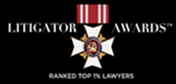 Litigator Awards logo featuring a red and white medal above a gold cross with a profile image in the center; text reads “Litigator Awards™ Ranked Top 1% Lawyers.”.