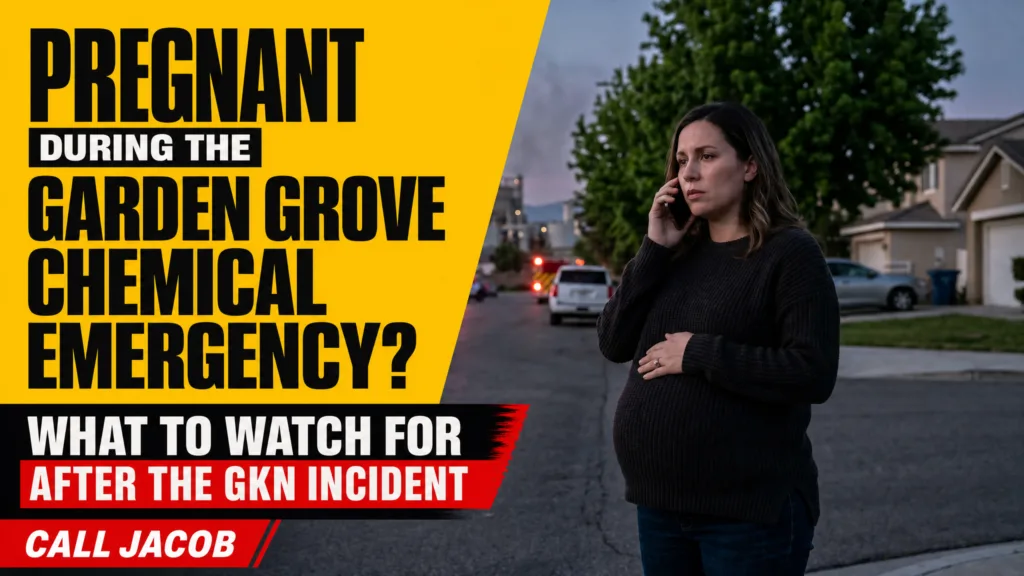 A worried pregnant woman stands on a residential street at dusk, speaking on the phone. Police cars and emergency lights are visible in the background. Text on the image discusses pregnancy concerns after the Garden Grove chemical emergency.