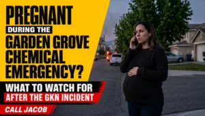 A worried pregnant woman stands on a residential street at dusk, speaking on the phone. Police cars and emergency lights are visible in the background. Text on the image discusses pregnancy concerns after the Garden Grove chemical emergency.