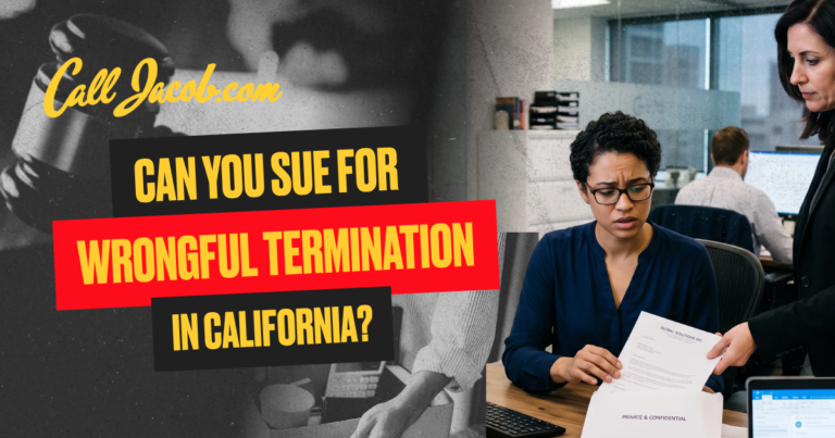 A serious woman receives paperwork from another person in an office. Bold text reads: "Can you sue for wrongful termination in California? Call Jacob.com." A judge’s gavel and handshake appear in the background.