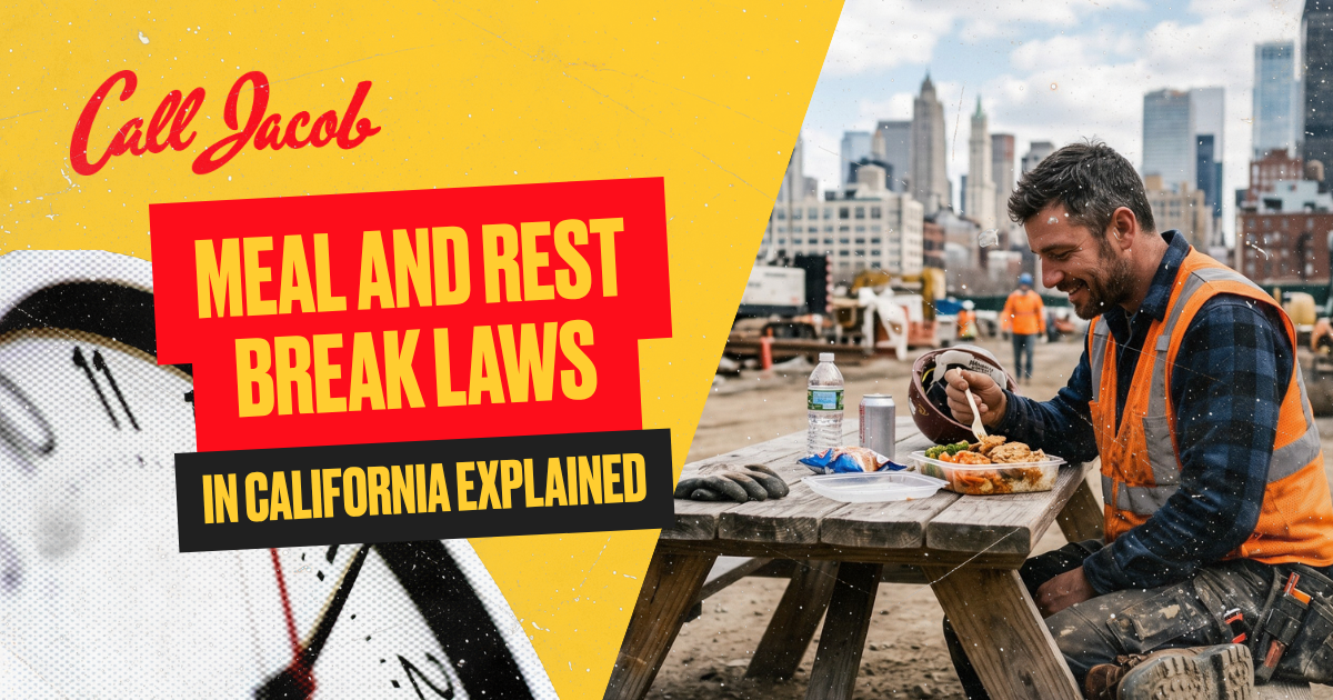 A construction worker eats lunch at a picnic table on a job site. The image is overlaid with text: "Call Jacob. Meal and Rest Break Laws in California Explained." A close-up of a clock is in the background.