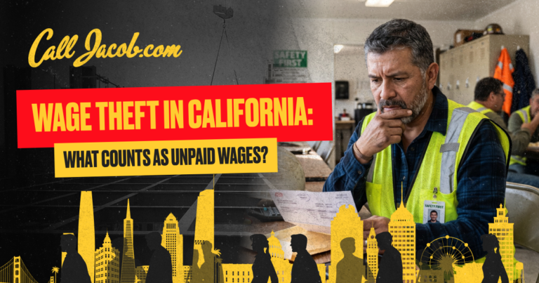 A construction worker in a safety vest reads paperwork in an office. Text reads: "Wage theft in California: What counts as unpaid wages?" and "Call Jacob.com" with a city skyline graphic at the bottom.