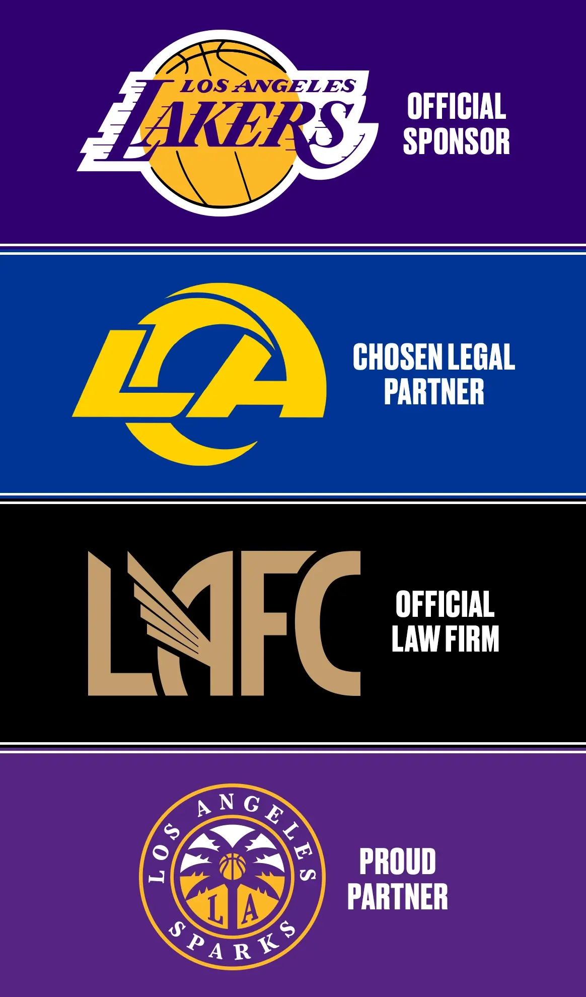 Four panels show: Lakers logo “Official Sponsor,” LA yellow logo “Chosen Legal Partner,” LAFC logo “Official Law Firm,” and Sparks logo “Proud Partner”—each on colored backgrounds, highlighting the trusted presence of a Los Angeles Personal Injury Lawyer.