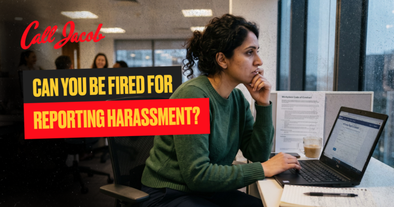 A concerned woman sits at her desk, looking at her laptop. Text reads: “Call Jacob. Can you be fired for reporting harassment?” Papers and a coffee cup are on her desk by the window.