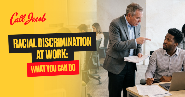 An older man points at a younger Black man in an office. Text reads: “Call Jacob. Racial discrimination at work: What you can do.” Other workers are in the background.