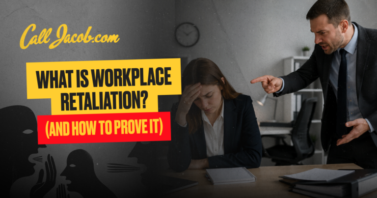 A man angrily points at a sad woman in an office. Text: “What is workplace retaliation? (And how to prove it)” and “CallJacobs.com” appear on the image. Illustrations of faces are in the bottom corner.