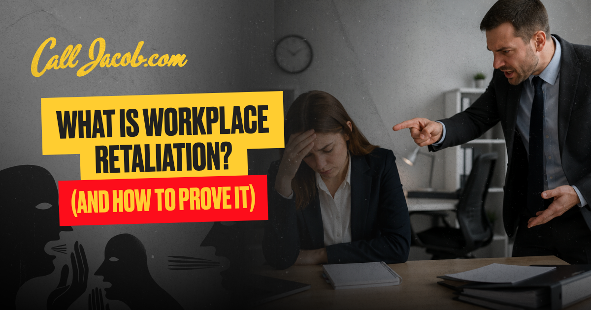 A man angrily points at a sad woman in an office. Text: “What is workplace retaliation? (And how to prove it)” and “CallJacobs.com” appear on the image. Illustrations of faces are in the bottom corner.